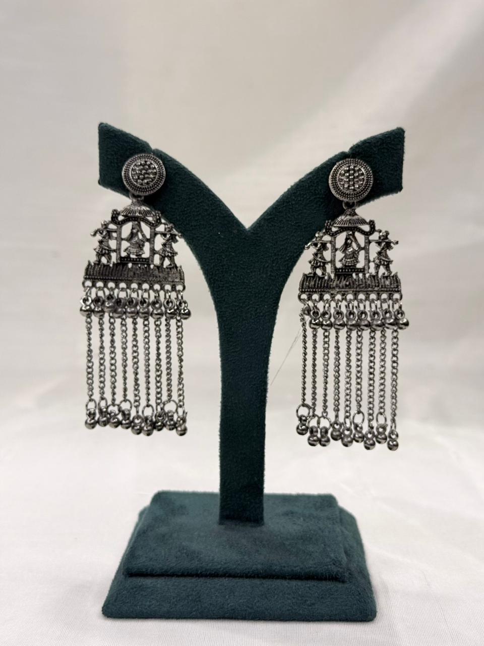 Oxidised Metal Tribal Temple Hanging Earrings with Chain Tassels