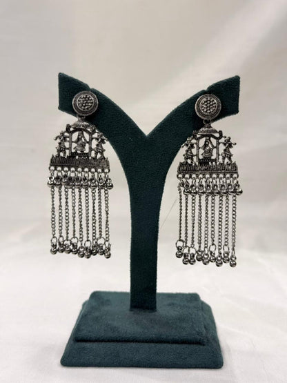 Oxidised Metal Tribal Temple Hanging Earrings with Chain Tassels
