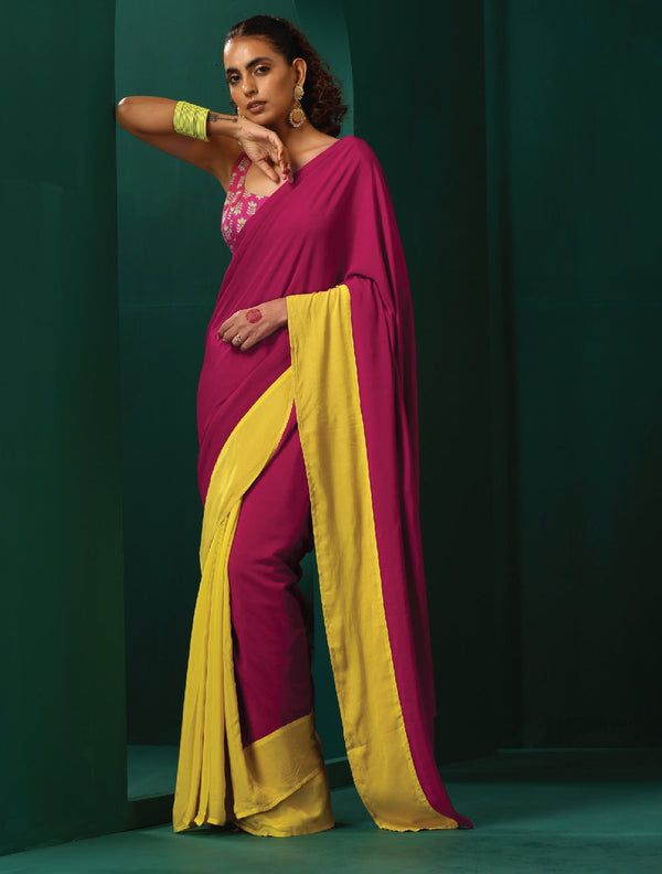 trueBrowns Lime Yellow Pink Muslin Silk Pre-Stitched Saree