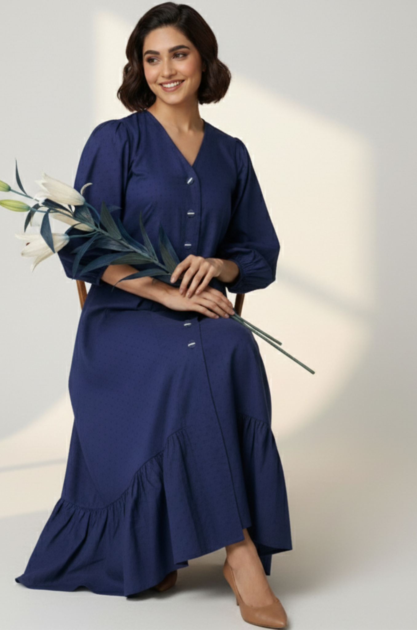 Maati  Cosmic Violet Front Button Cotton Dress With Ruffle Border