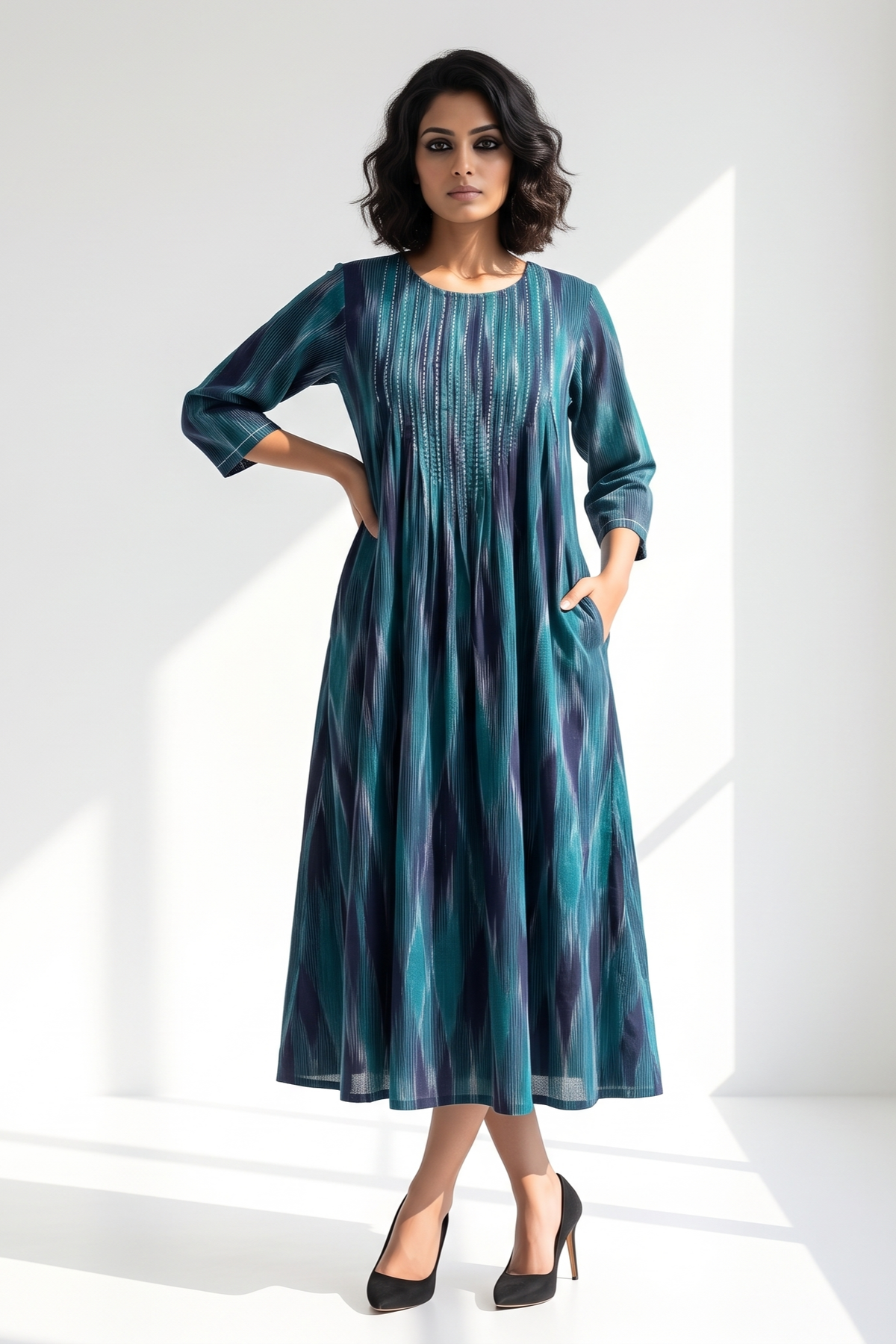Peacock Weave Daimond Ikat Cotton Kurta Top With Pintuck