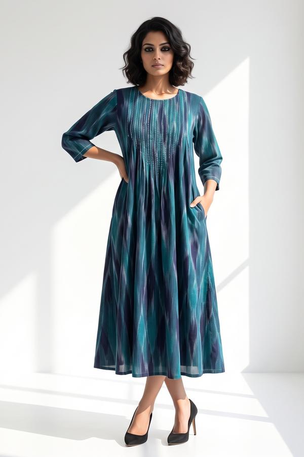 Peacock Weave Daimond Ikat Cotton Kurta Top With Pintuck