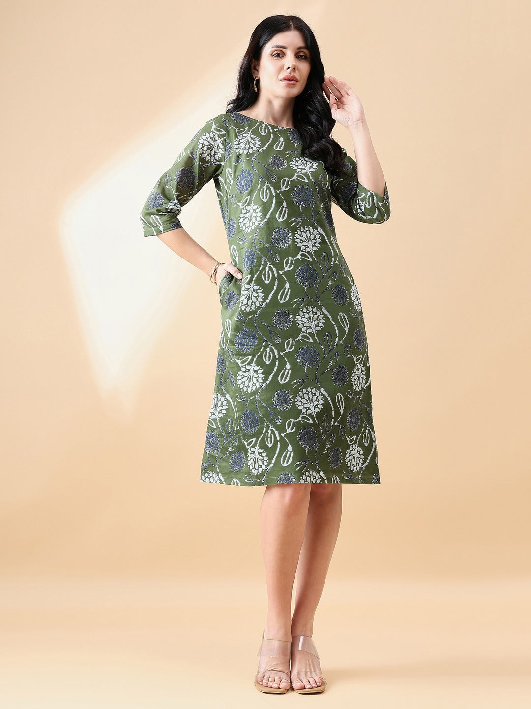 A-Line cotton floral printed dress- Olive