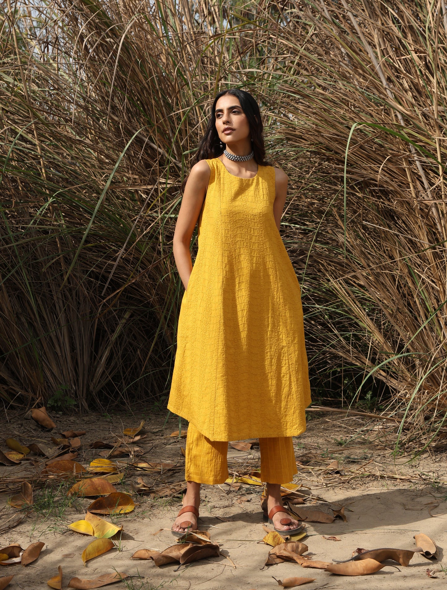 trueBrowns Mustard Cotton Embroidered Sleeveless Kurta Set