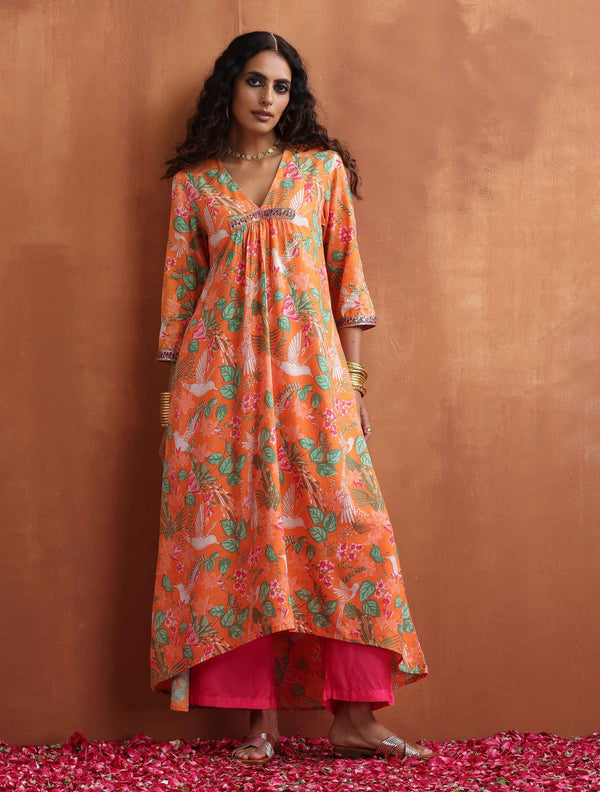 trueBrowns Orange Floral Print A-line Kurta Set