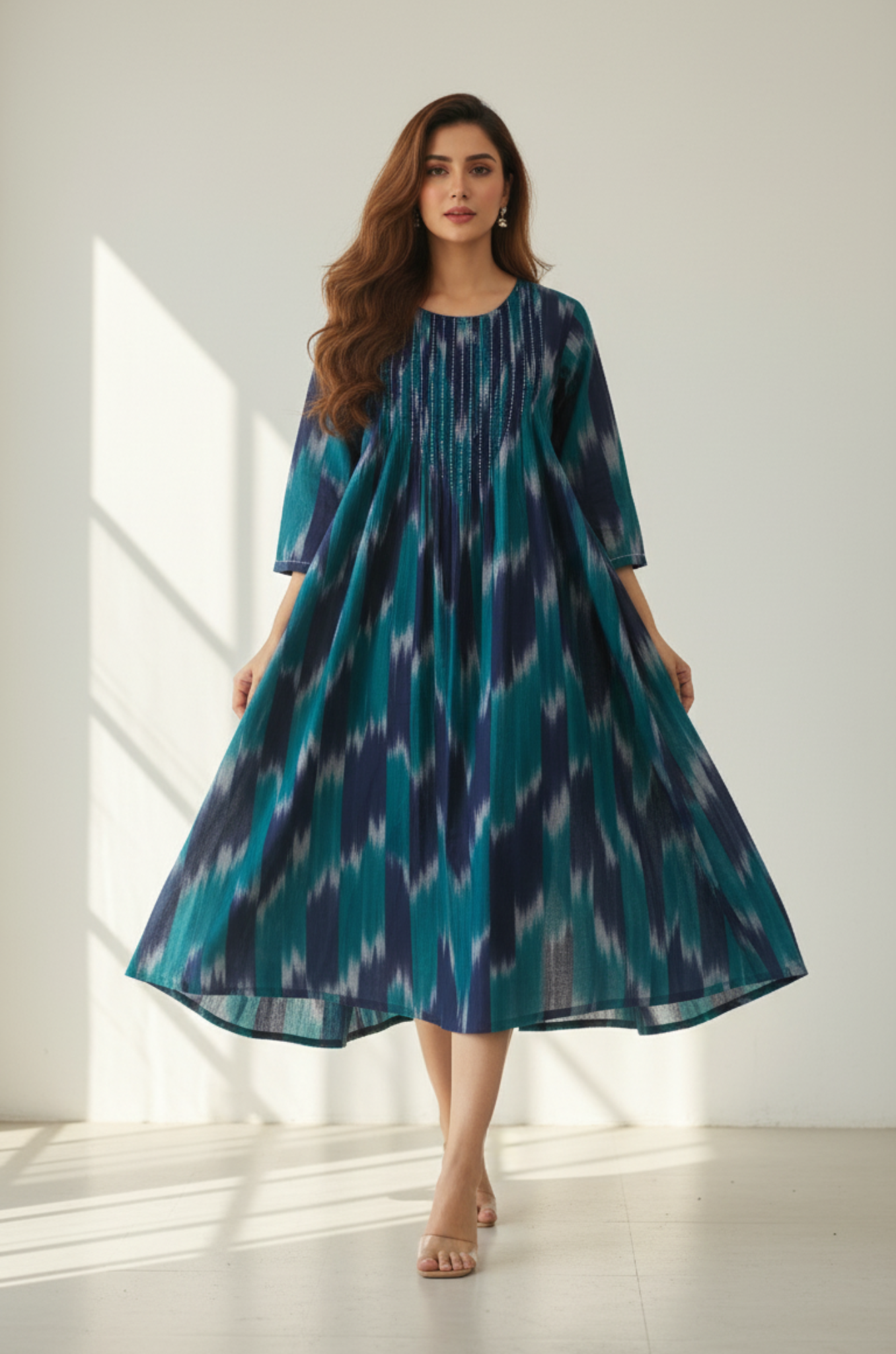 Maati  Teal Dusk Cotton Ikat Pintuck Long Dress