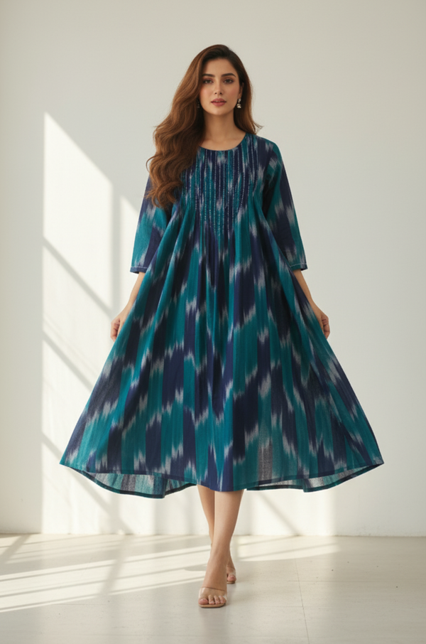 Maati  Teal Dusk Cotton Ikat Pintuck Long Dress