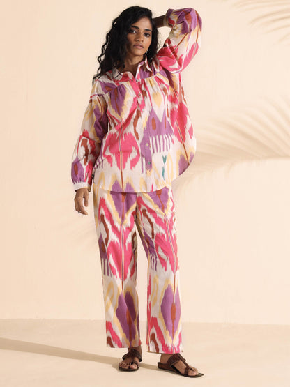 trueBrowns Pink Cotton Ikat Shirt Co-ord Set