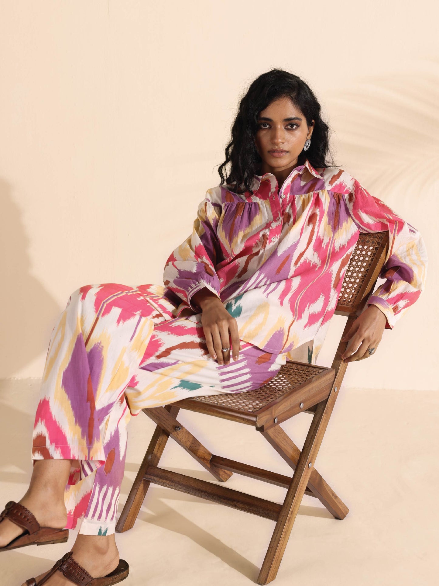 trueBrowns Pink Cotton Ikat Shirt Co-ord Set
