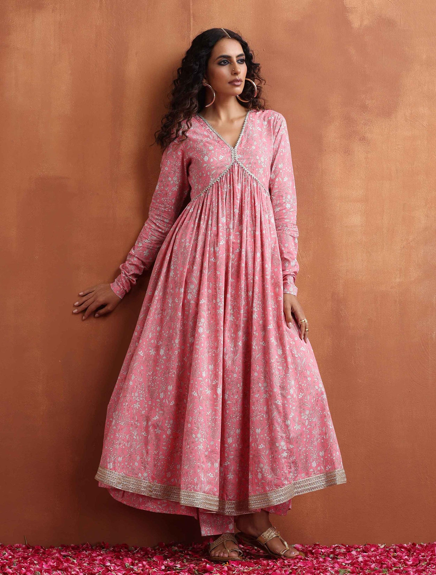 trueBrowns Pink Print Flared Anarkali Kurta Set