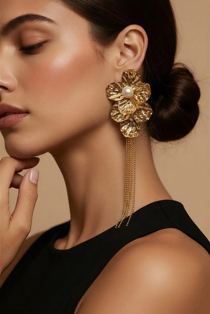 Golden Anti Tarnish Floral Statement Earrings with Pearl & Chain Tassels LP- 48Hr Delivery