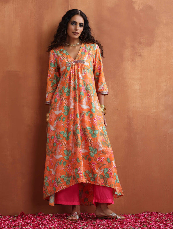 trueBrowns Orange Floral Print A-line Kurta Set