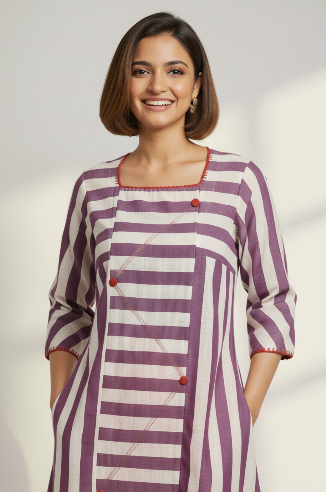 Maati  Lavender Stride Cotton Square Neck Panelled Long Kurta