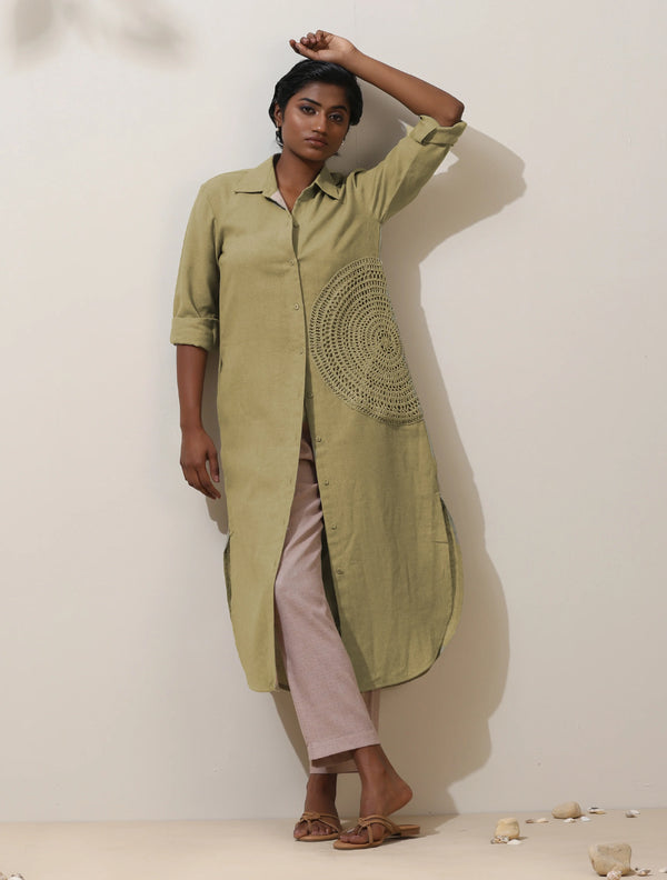 trueBrowns Fern Green Crochet Natural Cotton Kurta Pant Set