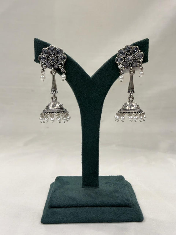 Oxidised Metal Circular Hanging Earrings with White Beads