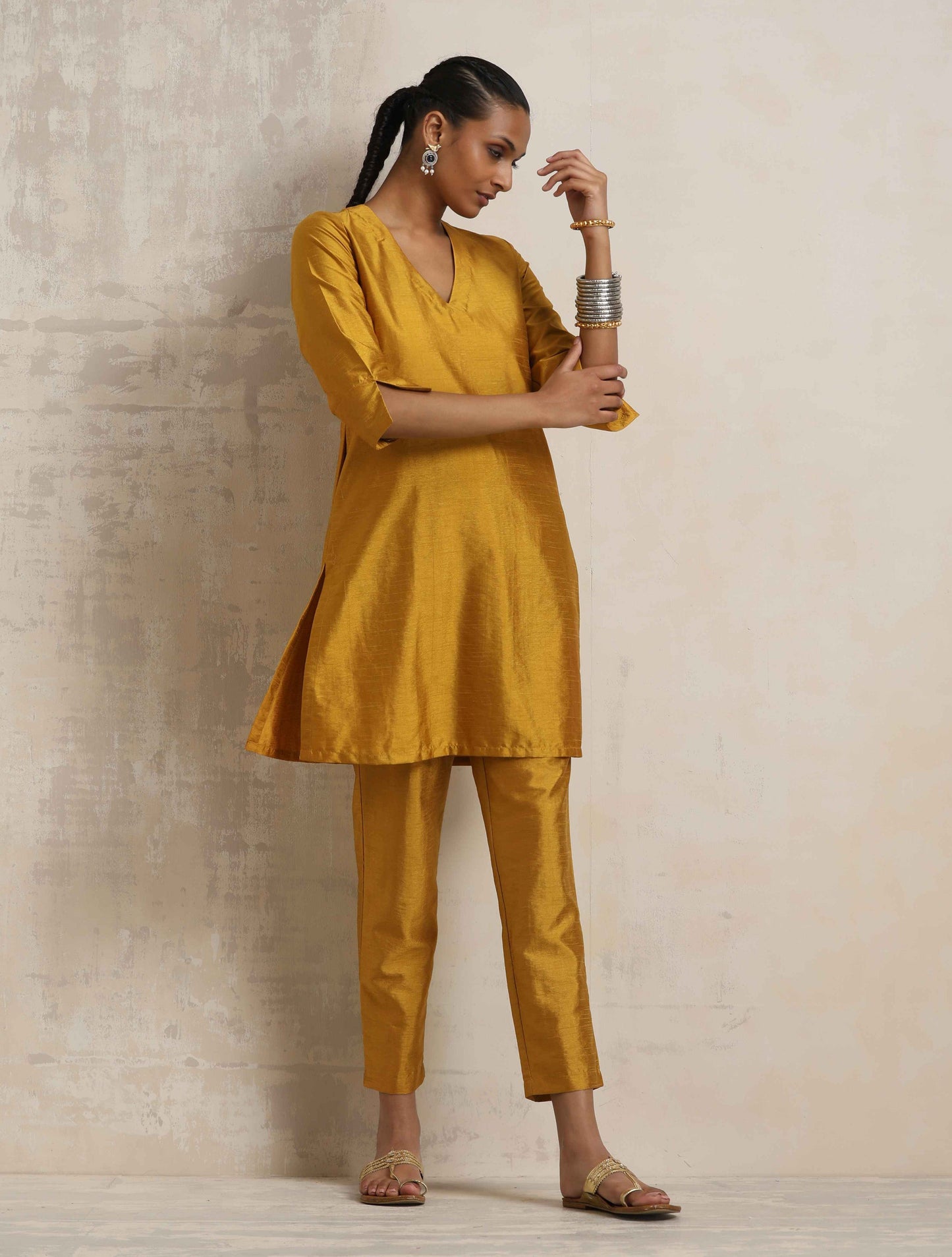 trueBrowns Gold Silk Kurta Co-ord Set