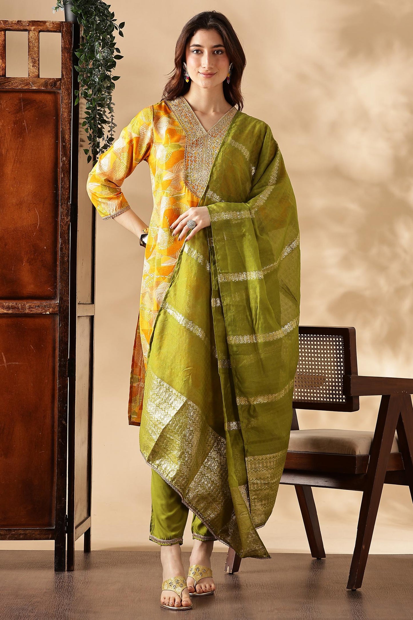 Mustard & Green Kurta,Pant with Pocket and Dupatta 3PCS Set - LP