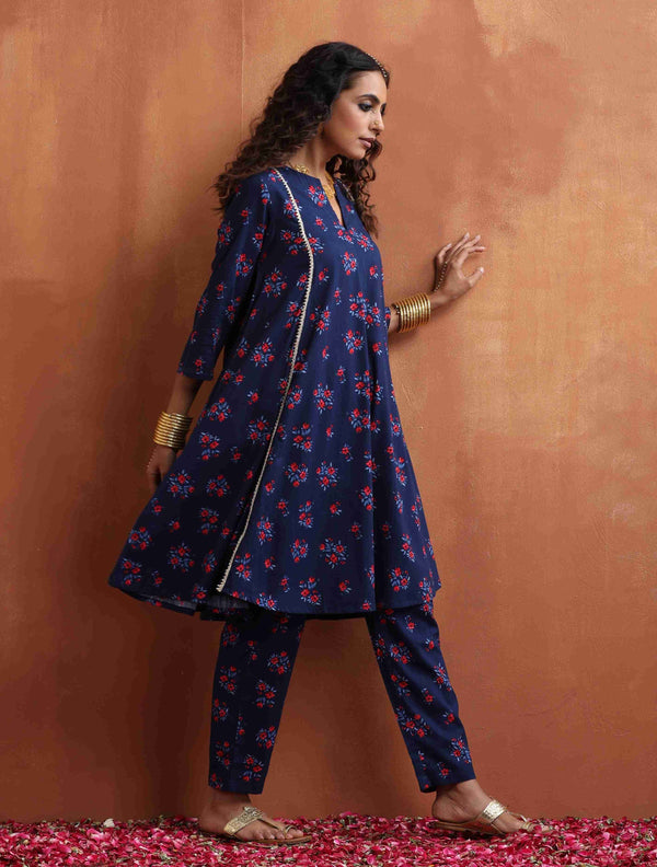 trueBrowns Blue Floral Print Flared Anarkali Kurta Co-ord Set