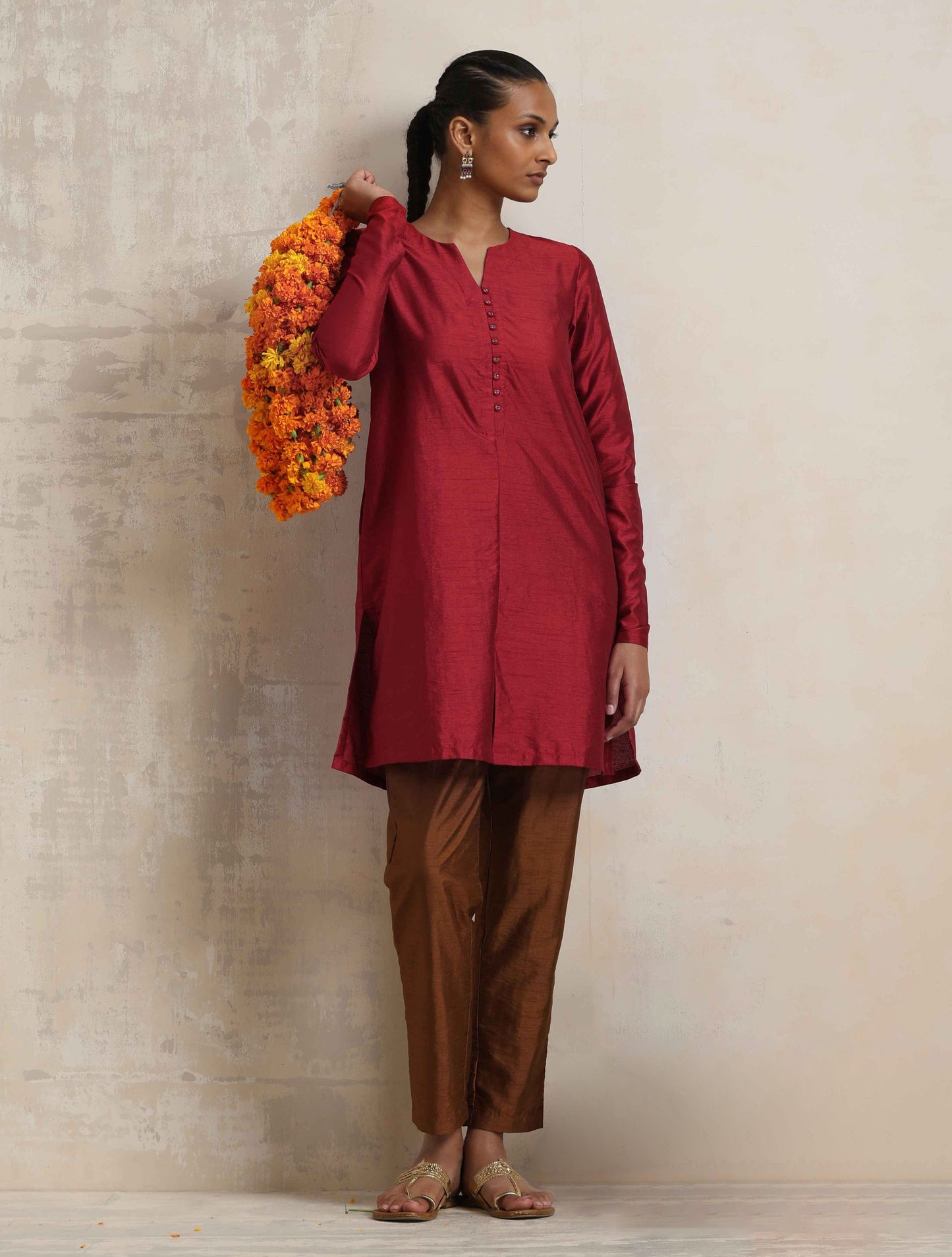 trueBrowns Red Silk Kurta Co-ord Set