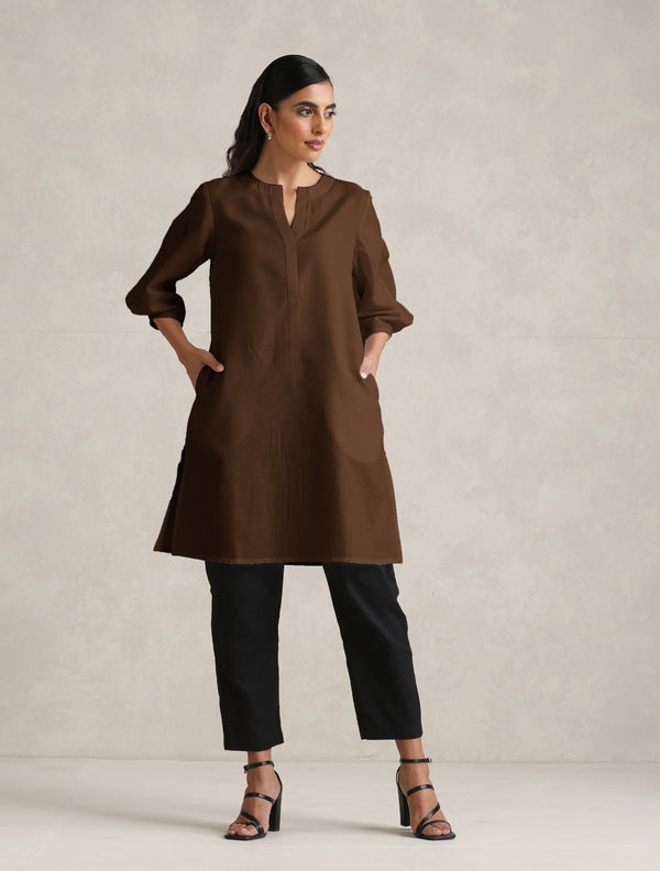 trueBrowns Brown Cotton Blend Short Kurta
