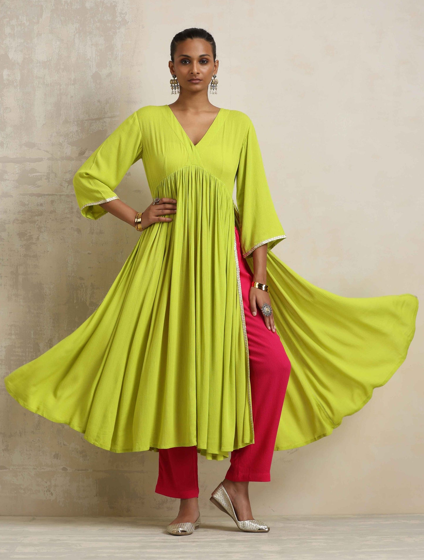 trueBrowns Lime Crinkle Anarkali Flared Kurta Set