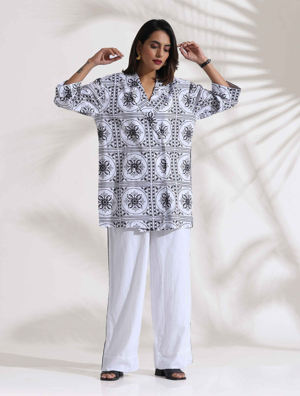 trueBrowns White Cotton Print Jacket Co-ord Set