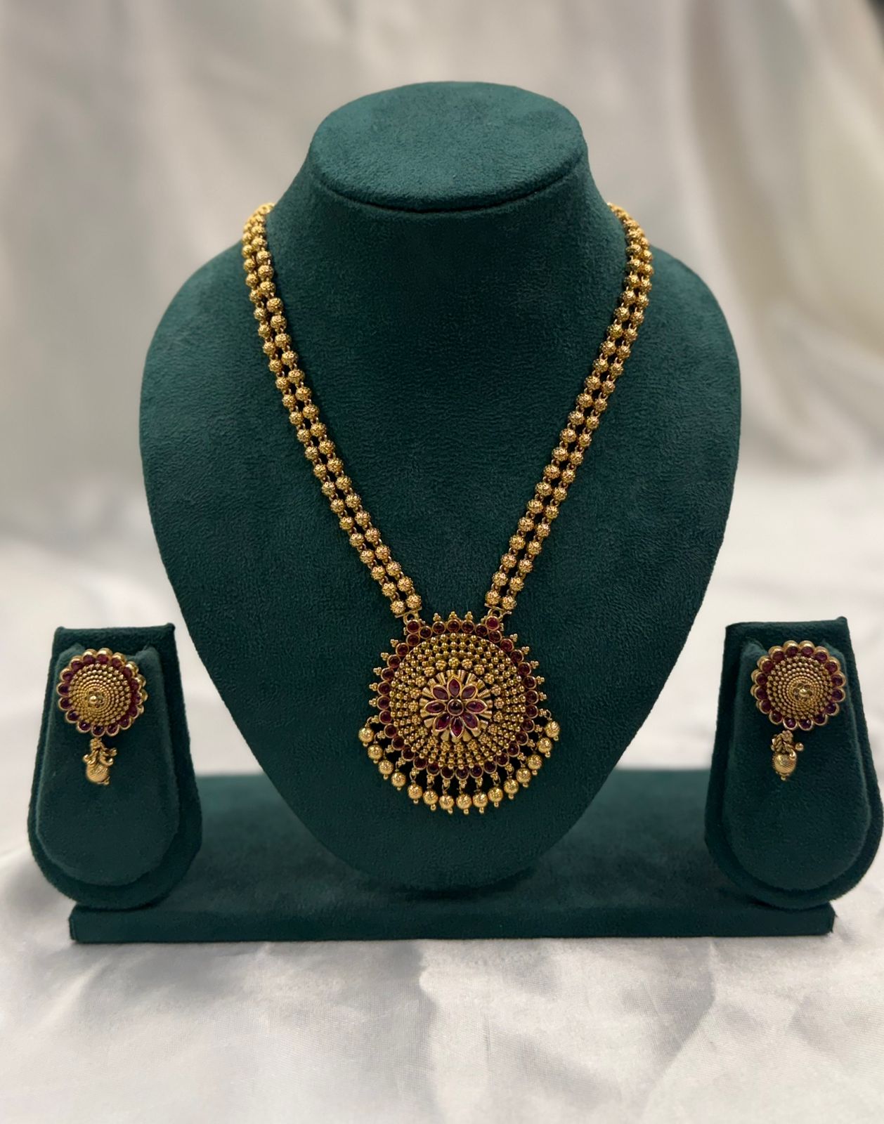 Antique Finish Premium Double Layered Long Chain with Pendant and Matching Earrings