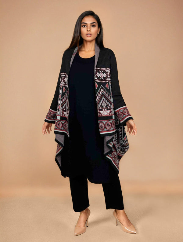 trueBrowns Black Woollen Geometric Kaftan Cape LP