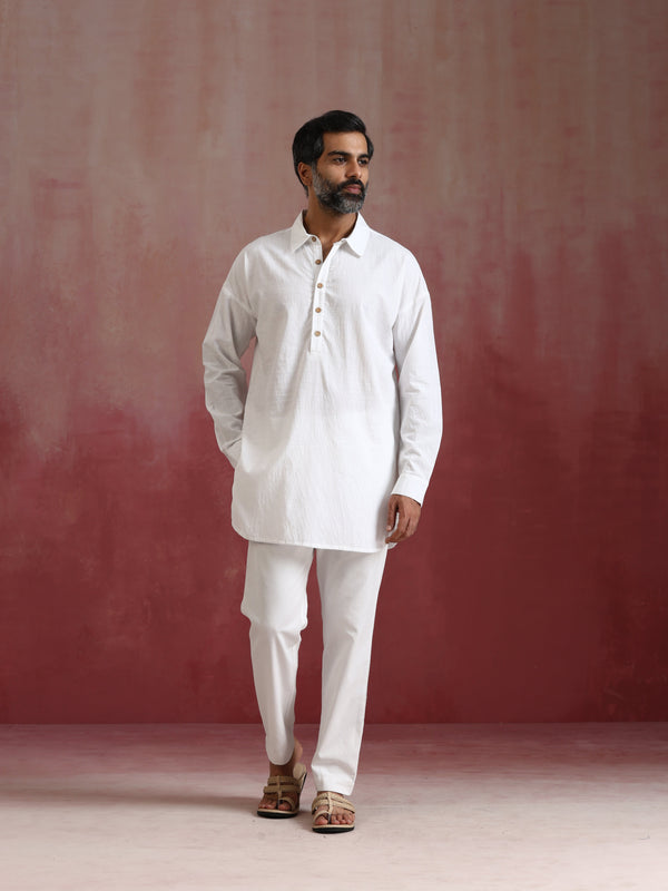 trueBrowns Men's White Cotton Shirt Collar Stylized Kurta Co-ord set