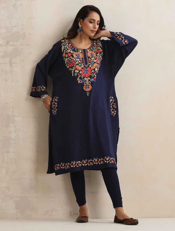 trueBrowns Blue Kashmiri Floral Embroidered Woollen Phiran Kurta