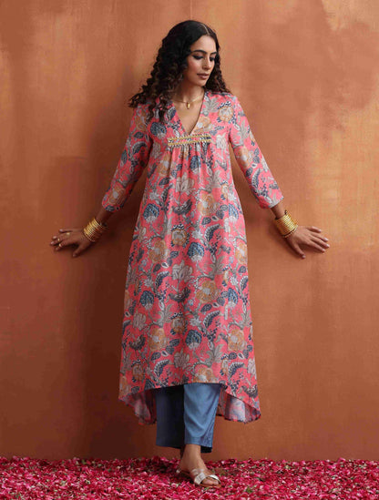 trueBrowns Orange Print A-line Kurta Set