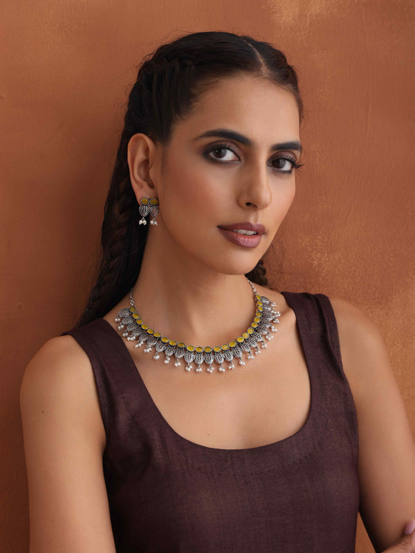 trueBrowns Silver Tone Stone Necklace Set