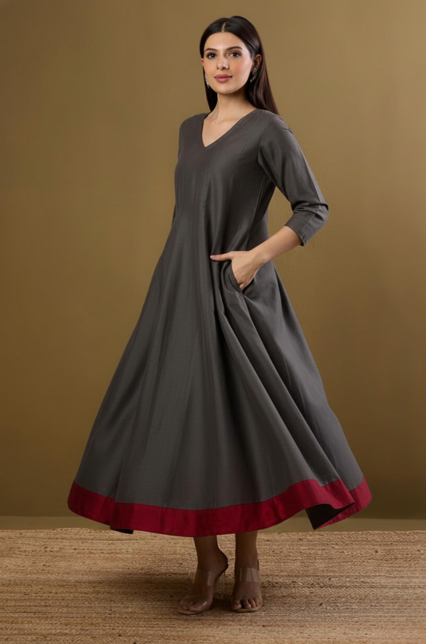 Maati  Garnet Grey Luxe Silk Slub Long Maxi Dress With Sleeves