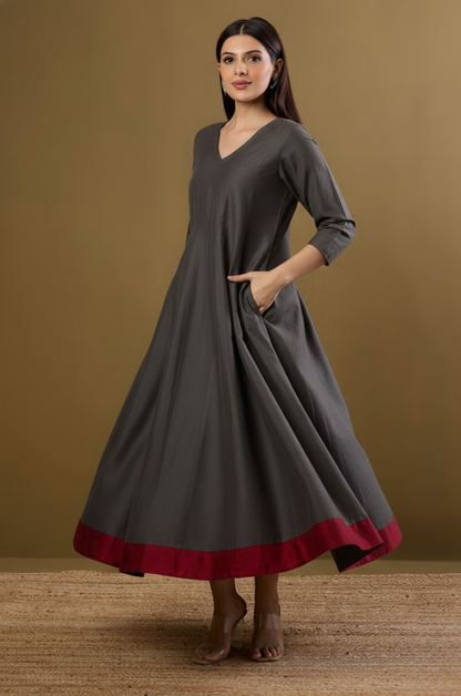 Maati  Garnet Grey Luxe Silk Slub Long Maxi Dress With Sleeves