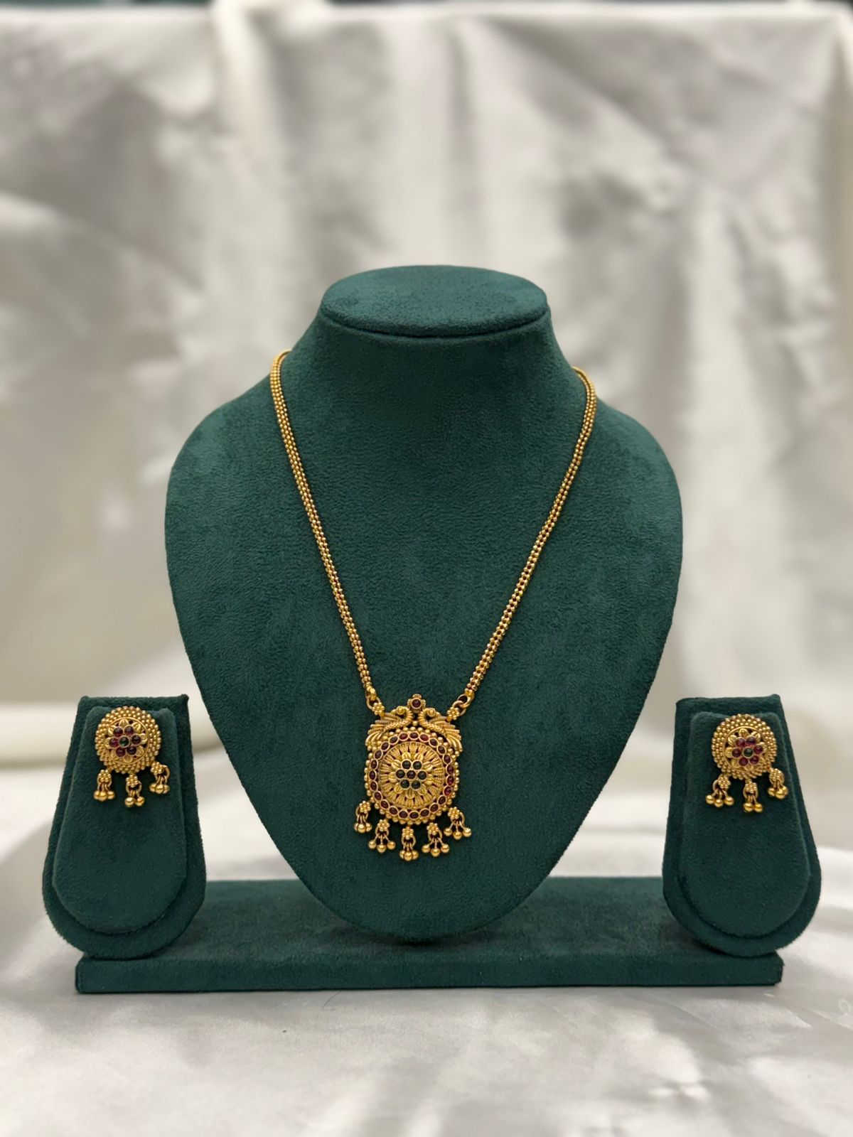 Antique Finish Premium Long Chain with Peacock Pendant and Matching Earrings