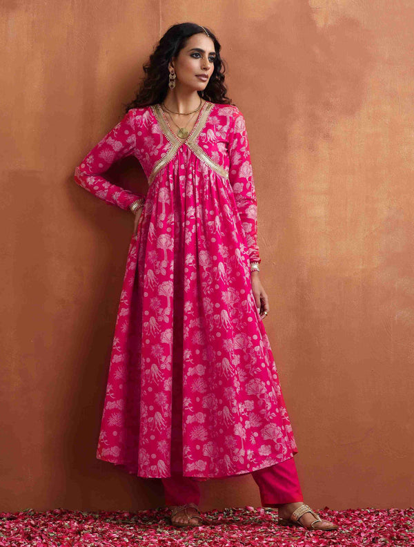 trueBrowns Red Print Flared Anarkali Kurta Set