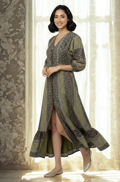 Maati  Olive Merlot Front Button Cotton Dress With Ruffle Border