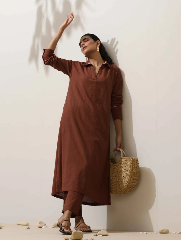 trueBrowns Brown Cotton Kurta  Pant Set