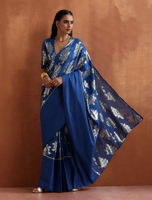 trueBrowns Blue Metallic Ready To Wear Saree