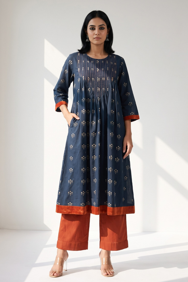 Navy Floral Bunch Cotton Kurta Top With Pintuck Mc
