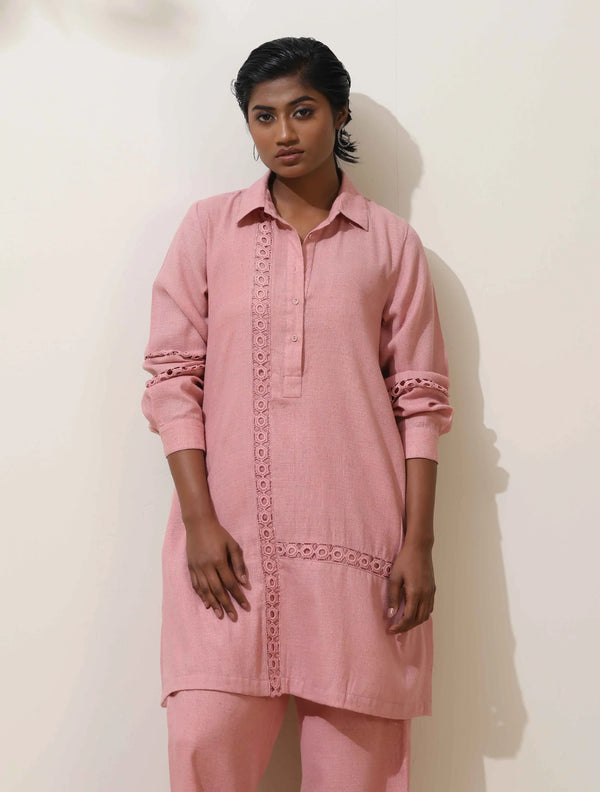 trueBrowns Sakura Pink Natural Cotton Kurta Co-ord Set