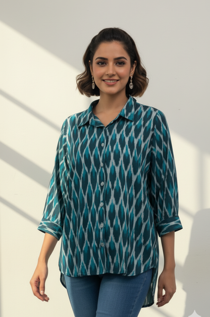 Maati  Emerald Hive Cotton Ikat Everyday Cotton Shirt