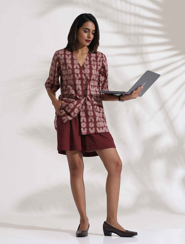 trueBrowns Brown Cotton Print Jacket Top & Short Co-ord Set