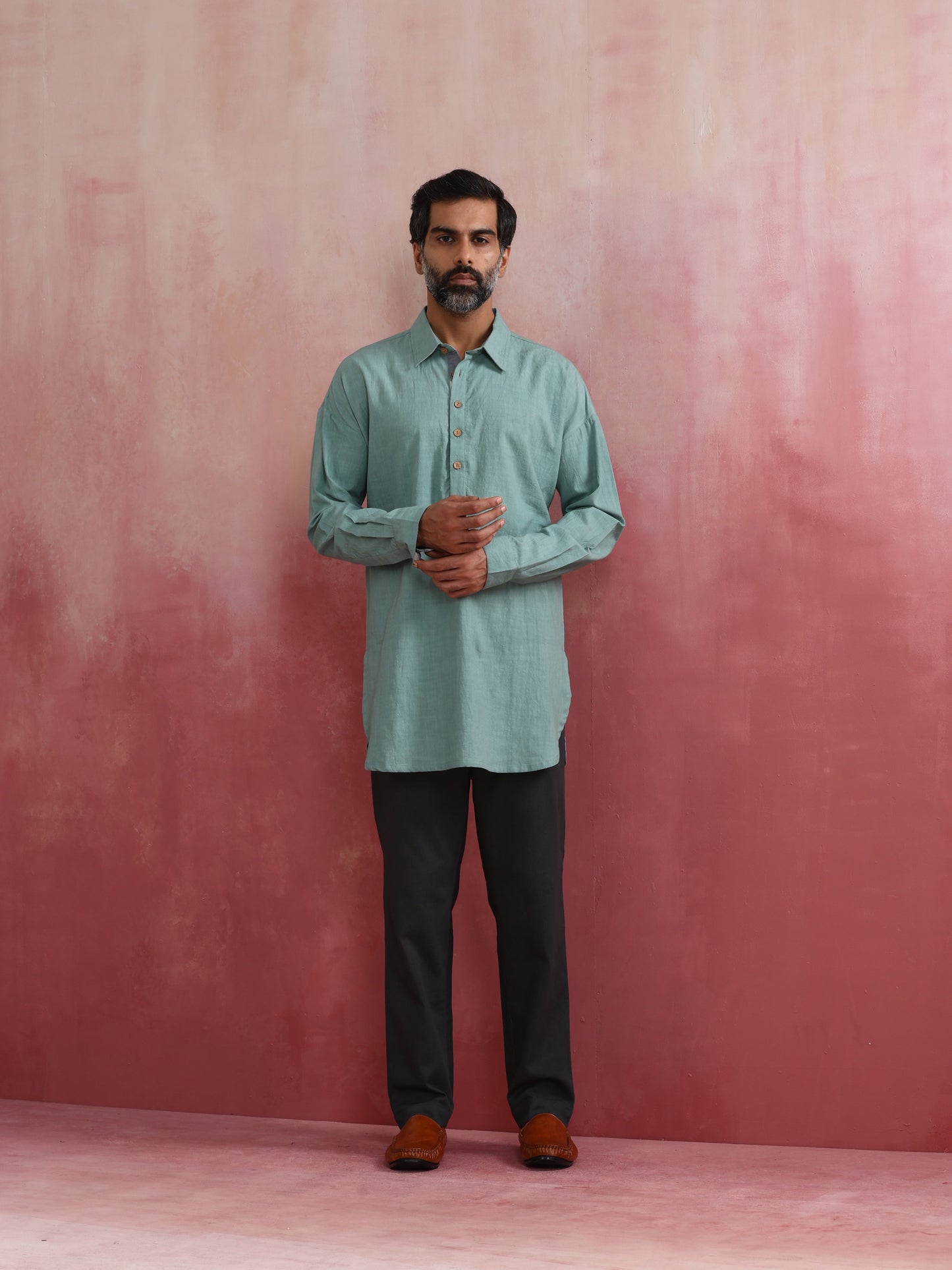 trueBrowns Men's  Aqua Blue Cotton Shirt Collar Stylized Kurta