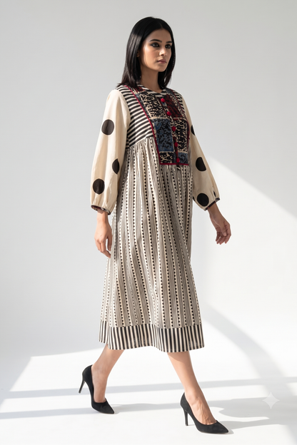 Black Dotlines Pattern Story Cotton Gather Dress With Yoke