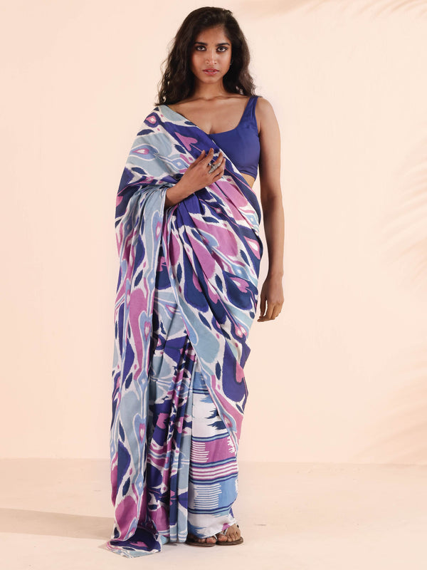 trueBrowns Blue Purple Muslin Ikat Saree