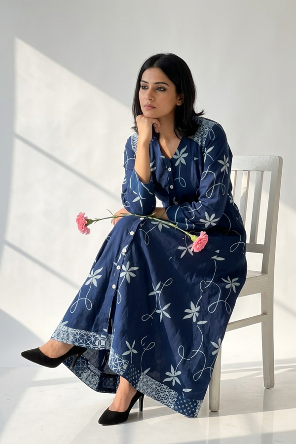 Indigo Vine Trail Cotton Long Button Down Dress