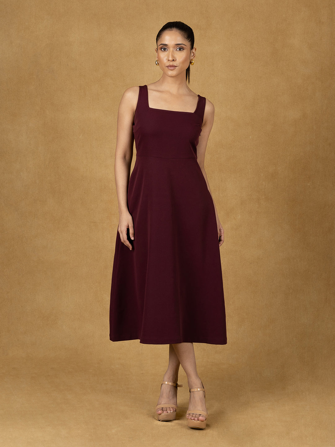 Burgundy Solid Strappy Fit And Flared Dress