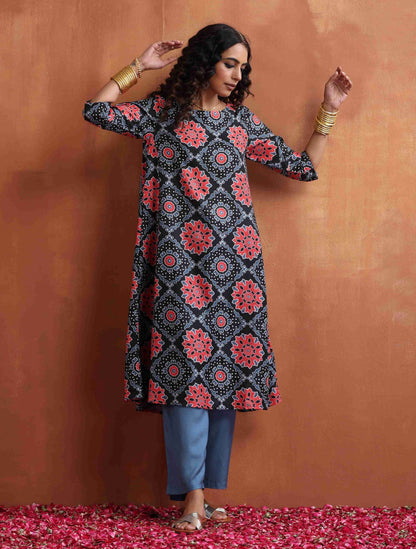 trueBrowns Black Ajrak Print A-line Kurta Set