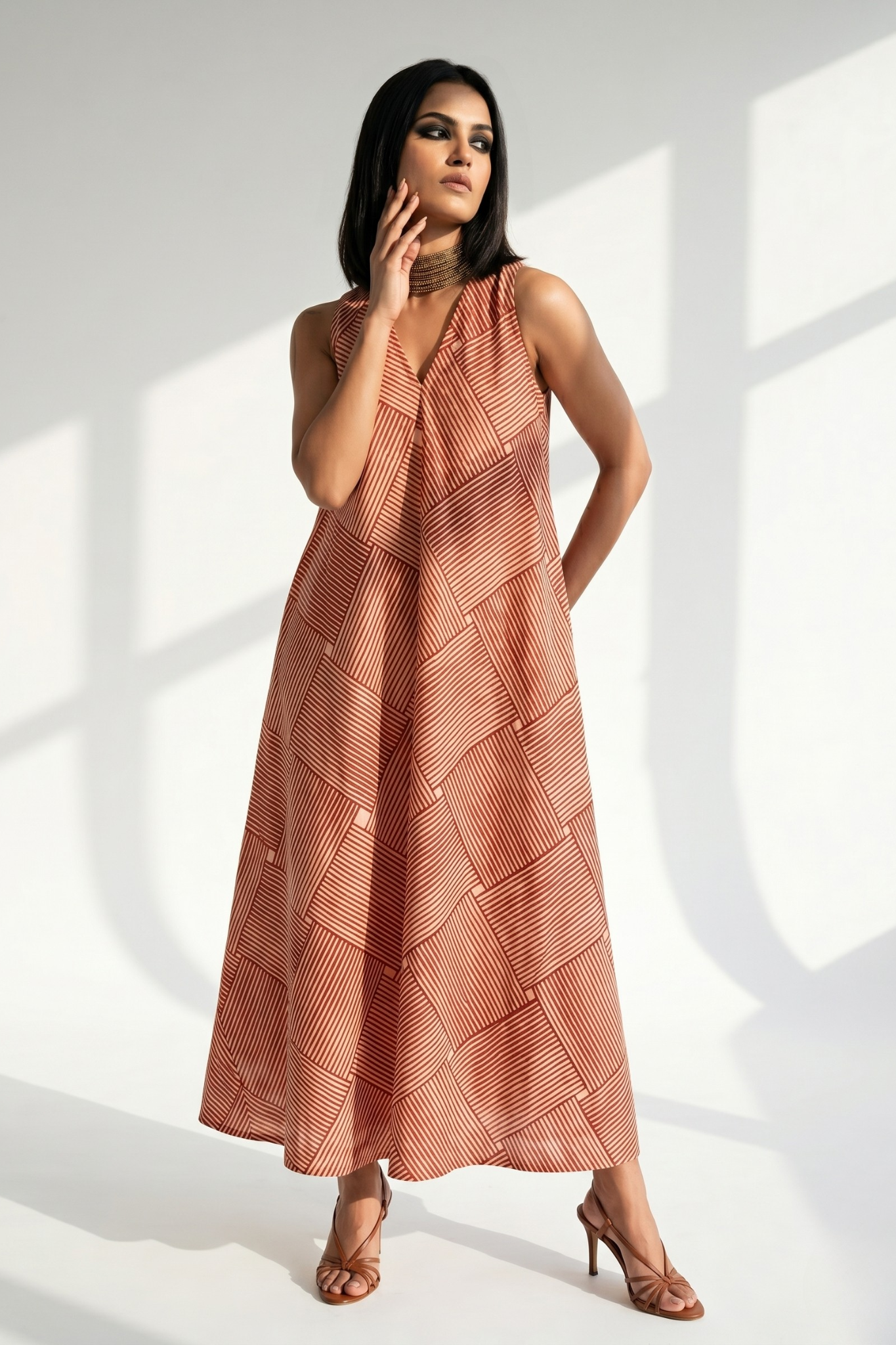Crimson Grid Play Cotton Sleeveless Strap V-Neck Bias Dress